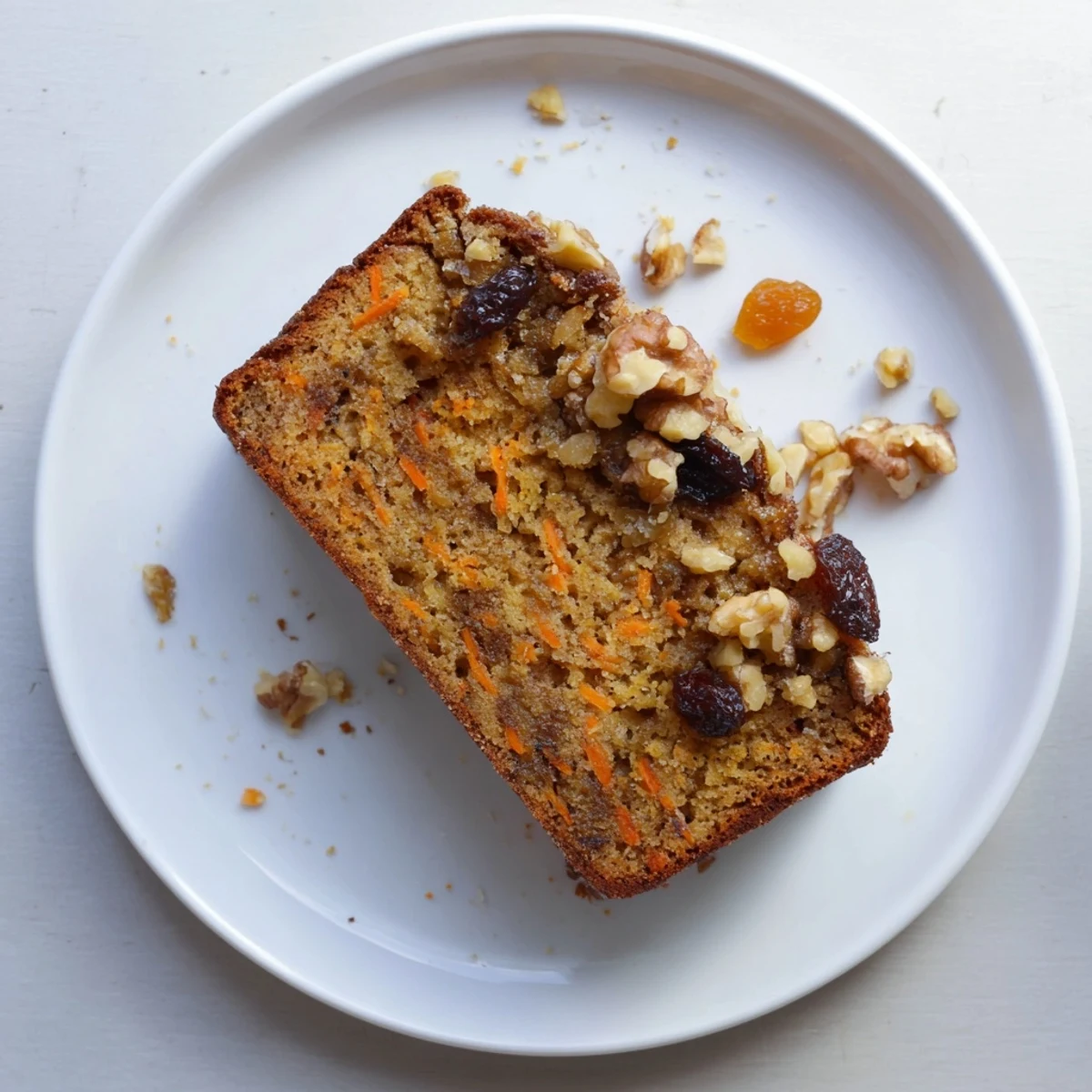 Thick slice of moist carrot cake banana bread revealing tender texture with bits of orange carrot throughout