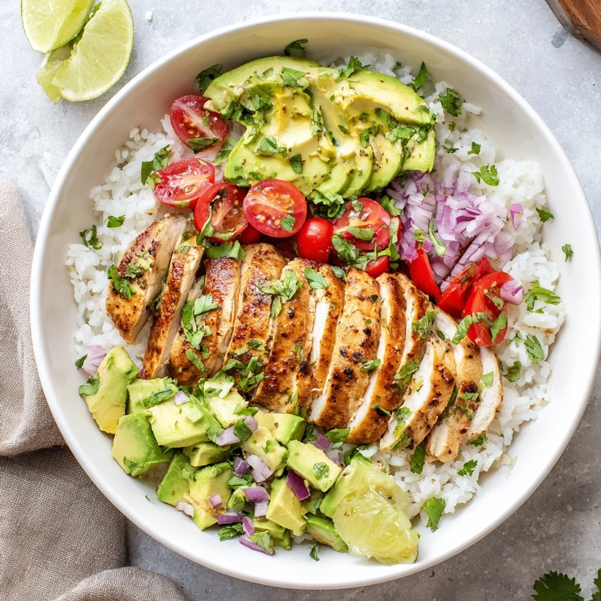 Honey Lime Chicken Avocado Rice Stack with tender marinated chicken sliced over fluffy white rice