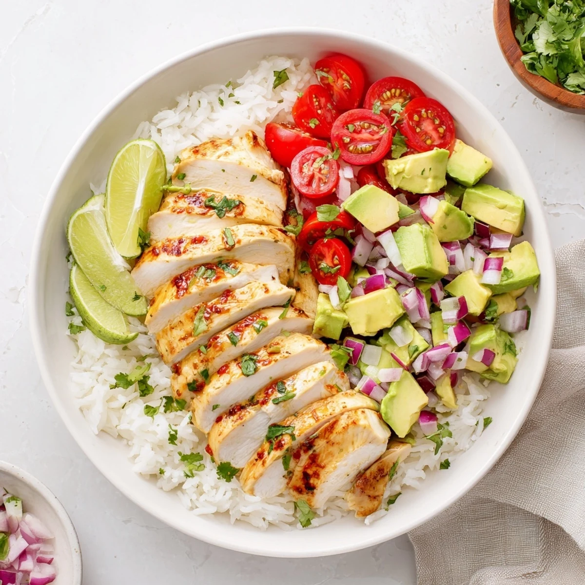 Layered Honey Lime Chicken Avocado Rice Stack featuring creamy avocado and zesty grilled chicken breasts