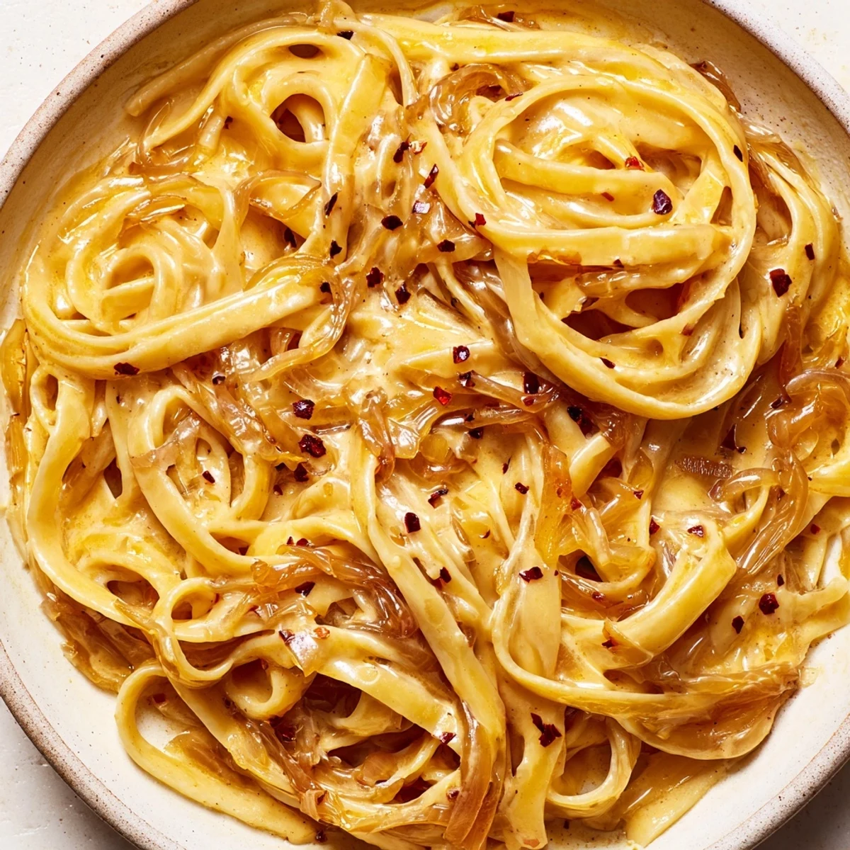 Creamy Sweet Heat Caramelized Onion Fettuccine twirled in a white bowl with fresh parsley garnish