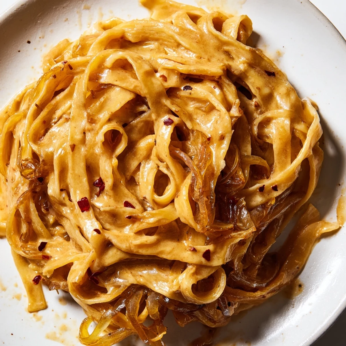 Golden caramelized onions coat Sweet Heat Caramelized Onion Fettuccine with velvety cream sauce