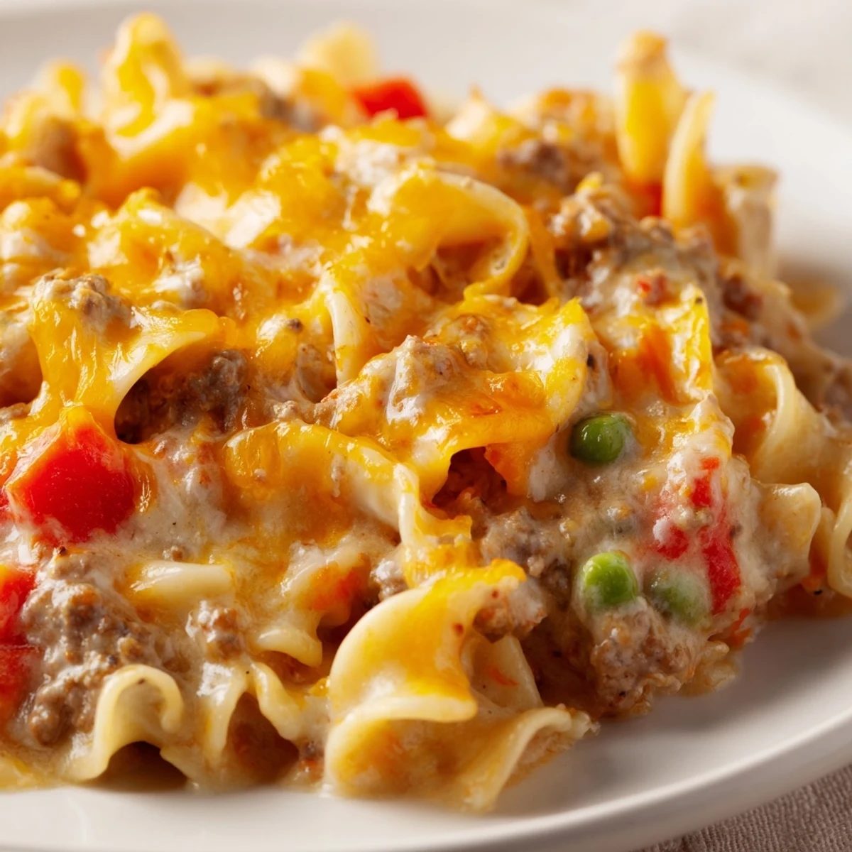 Golden bubbling cheesy beef and noodle casserole fresh from the oven with melted cheddar topping