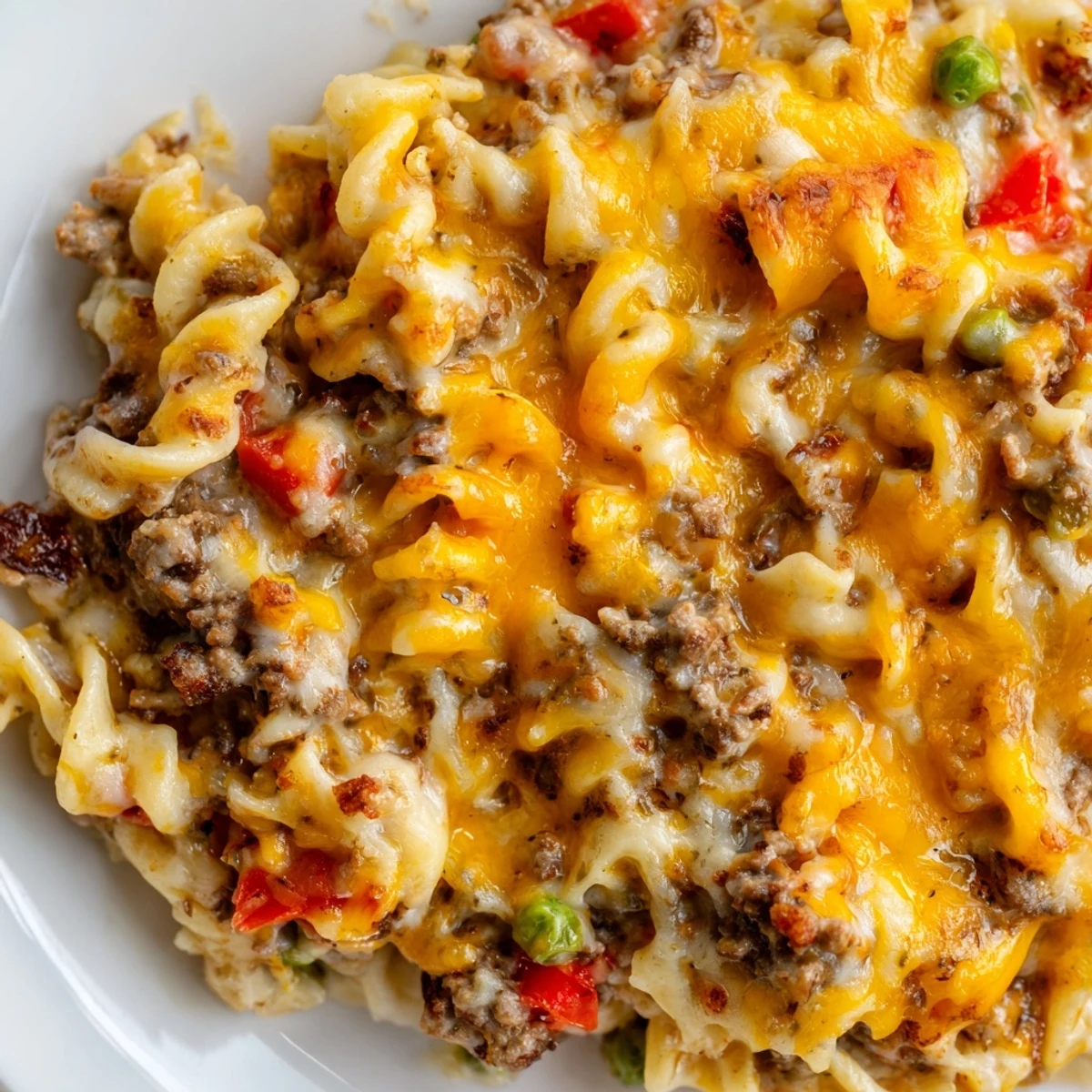Creamy cheesy beef and noodle casserole in a white baking dish with golden cheese crust