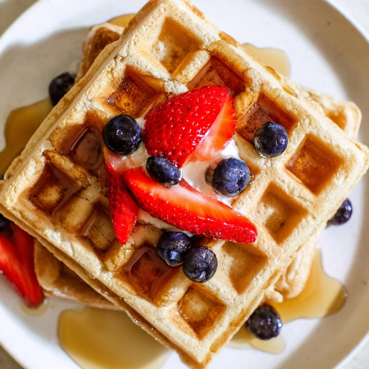 Golden brown Greek yogurt waffles stacked on a white plate with maple syrup drizzle