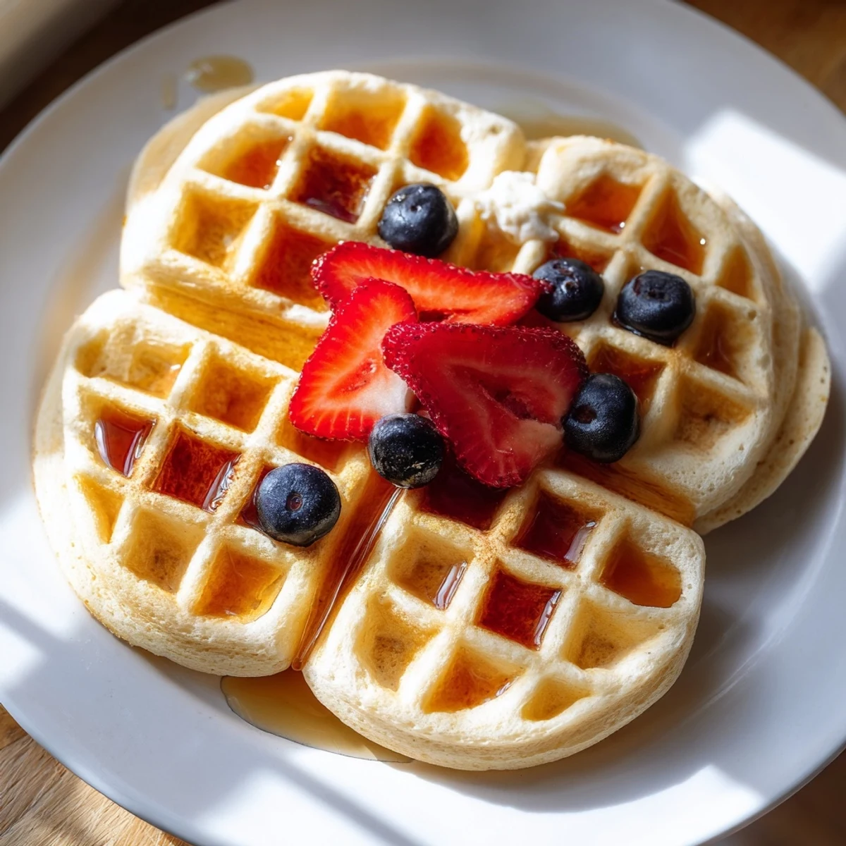 Crispy Greek yogurt waffles topped with fresh berries and a pat of butter