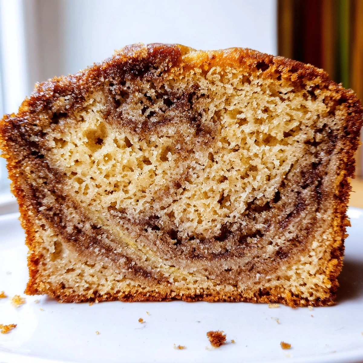Moist cinnamon sugar swirl banana bread sliced thick, revealing golden marbled cinnamon ribbons throughout