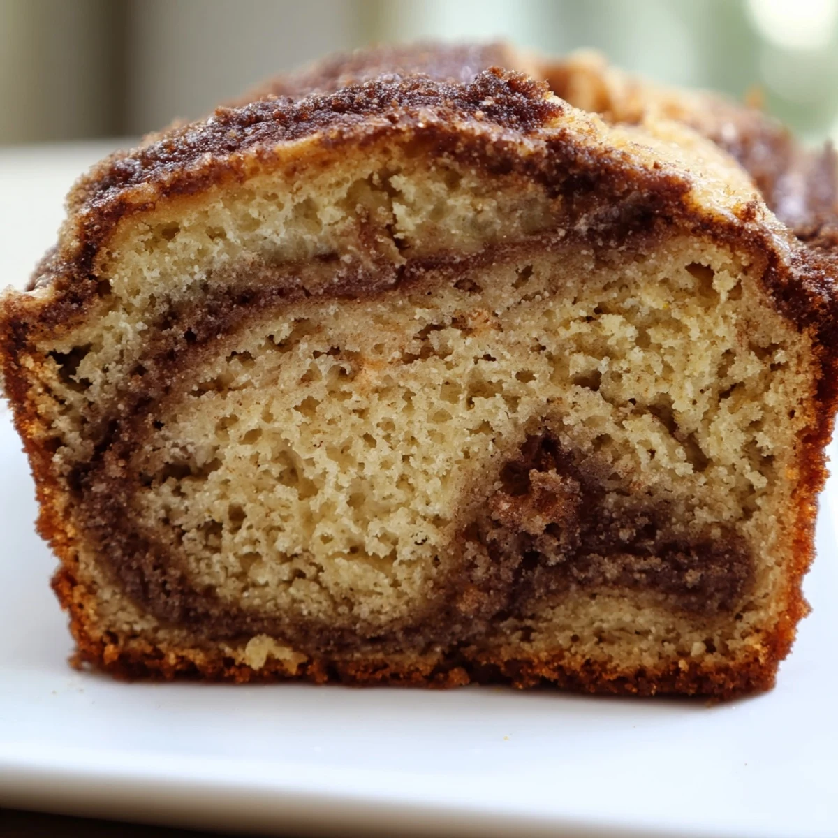 Fresh baked cinnamon sugar swirl banana bread with caramelized cinnamon streaks on rustic wooden cutting board