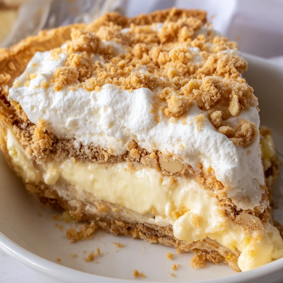 Creamy Amish peanut butter dream pie topped with whipped cream and crumbly peanut butter sprinkles