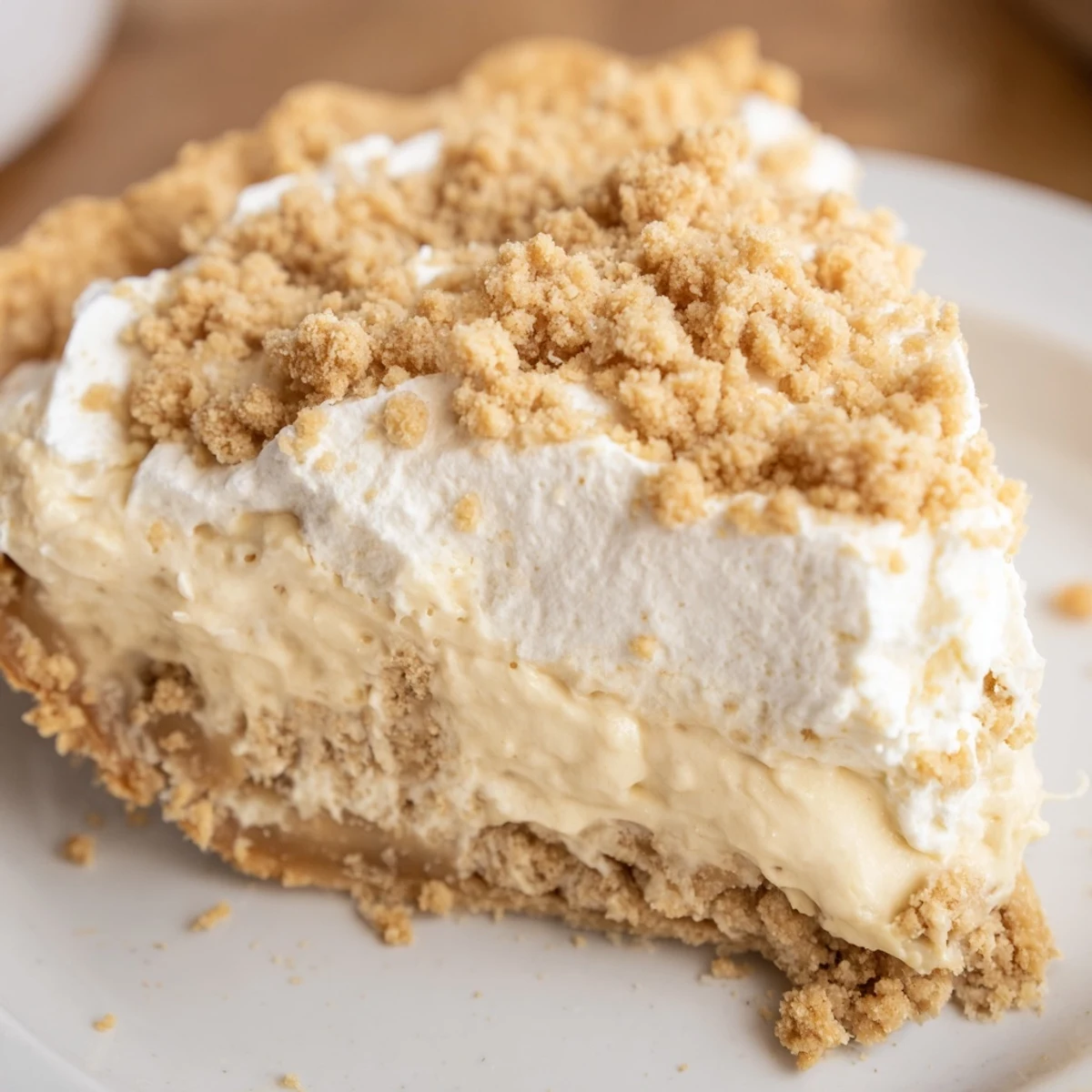 Velvety Amish peanut butter dream pie slice showing layers of golden custard filling and fluffy topping
