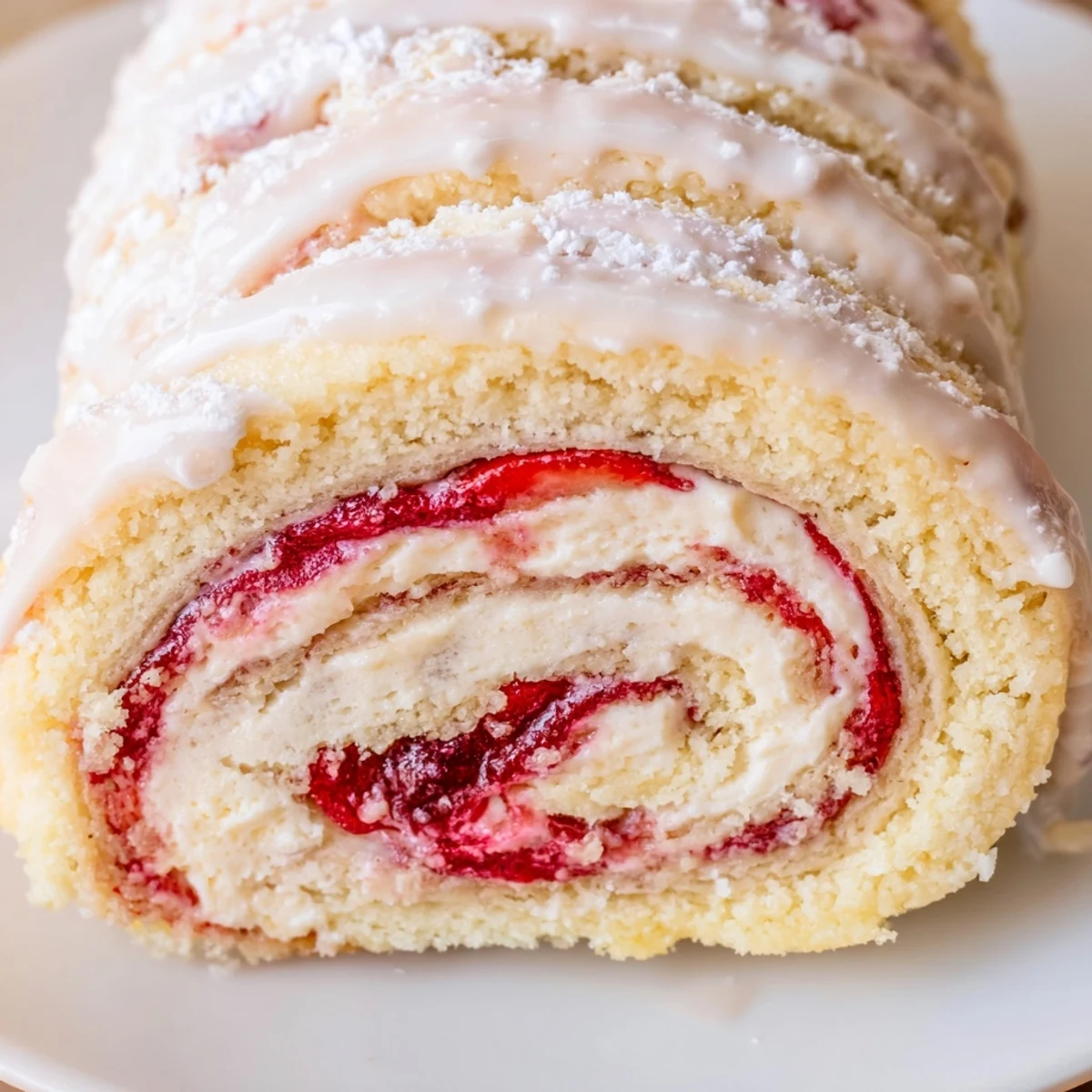 Golden Strawberry Shortcake Cheesecake Rolls drizzled with sweet vanilla glaze on a white plate