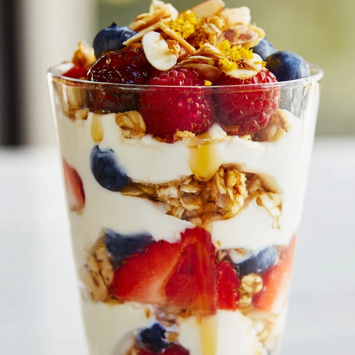 Tall glass of Greek yogurt parfait topped with vibrant mixed berries and honey drizzle