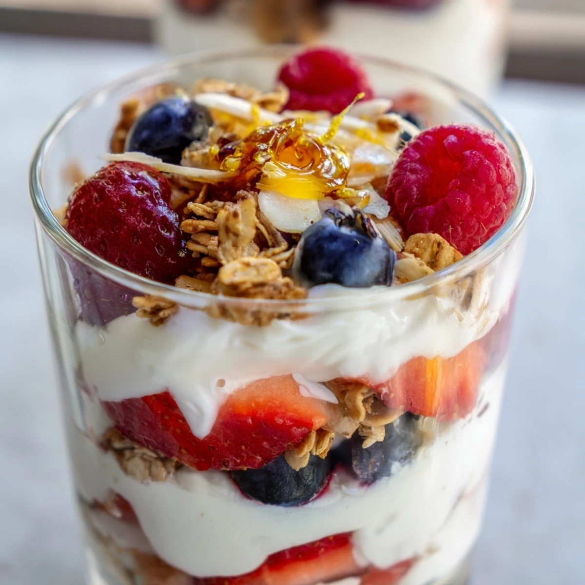 Close-up of Greek yogurt parfait showcasing creamy vanilla layers between crunchy oats and fruit