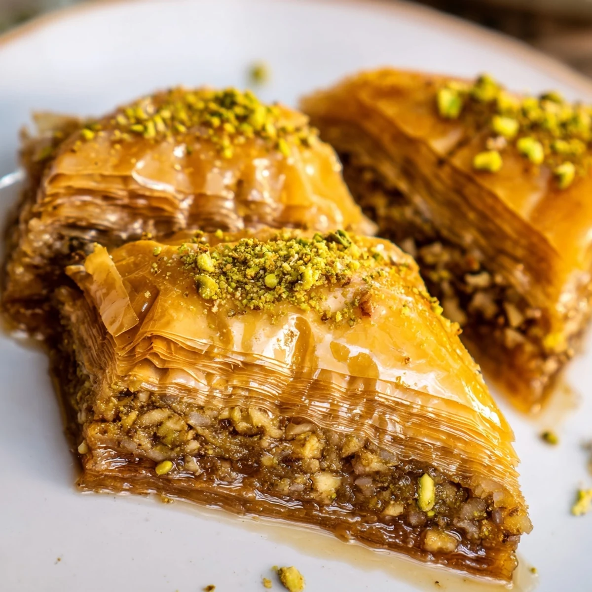 Golden Bosnian baklava diamond cut, glistening with sweet syrup and spiced walnuts.