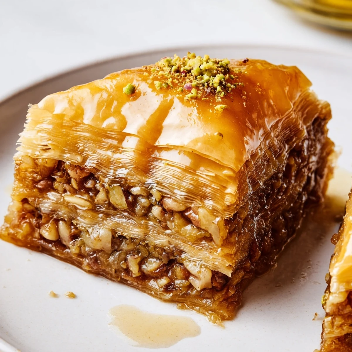 Crisp layered Bosnian baklava with buttery phyllo and cinnamon walnut filling ready to serve.
