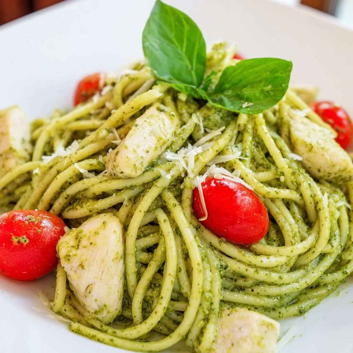Creamy pesto pasta with chicken served in a white bowl with fresh basil garnish