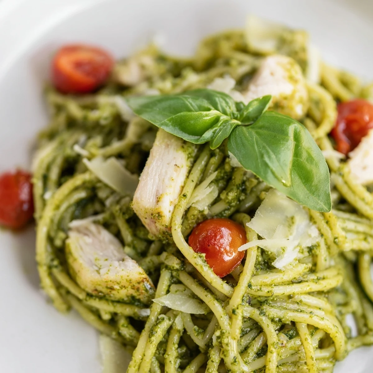Light pesto pasta with chicken topped with cherry tomatoes and grated Parmesan cheese