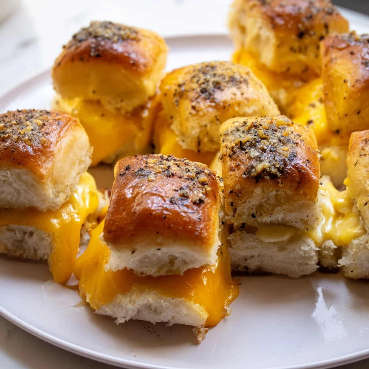 Golden mini grilled cheese Hawaiian rolls with melted cheddar cheese and buttery herb topping
