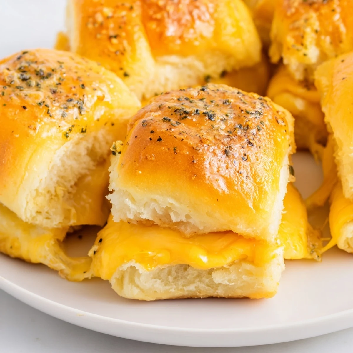 Crispy mini grilled cheese Hawaiian rolls cut open to reveal gooey melted cheddar cheese inside