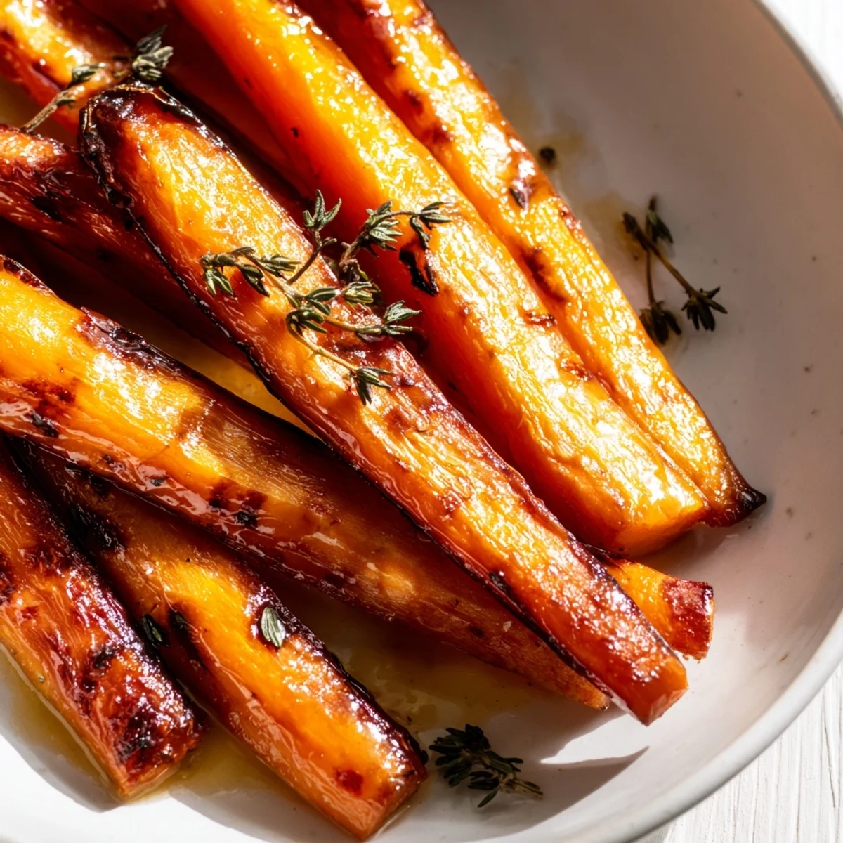 Golden honey roasted carrots glistening with caramelized edges on a rustic white serving platter