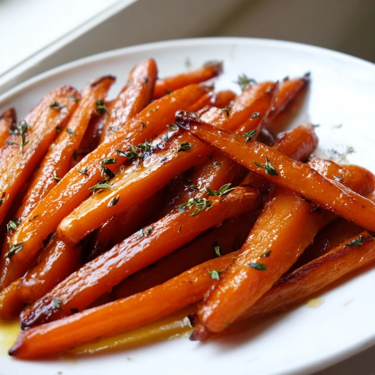 Tender honey roasted carrots topped with fresh green herbs in a ceramic bowl