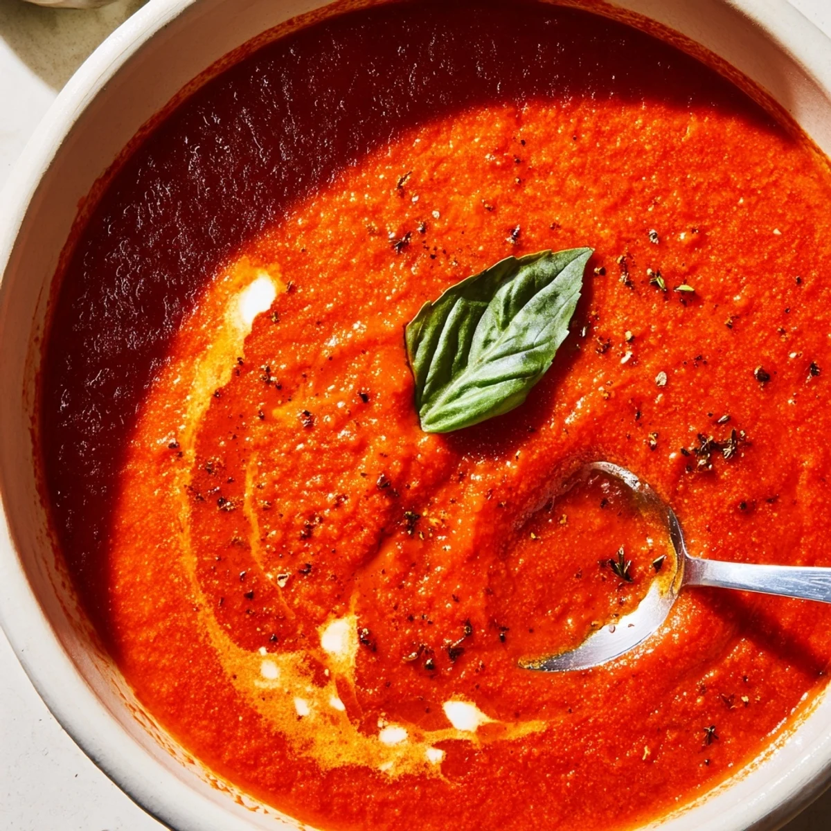 Smoky fire roasted tomato soup ladled into a bowl with crusty bread alongside