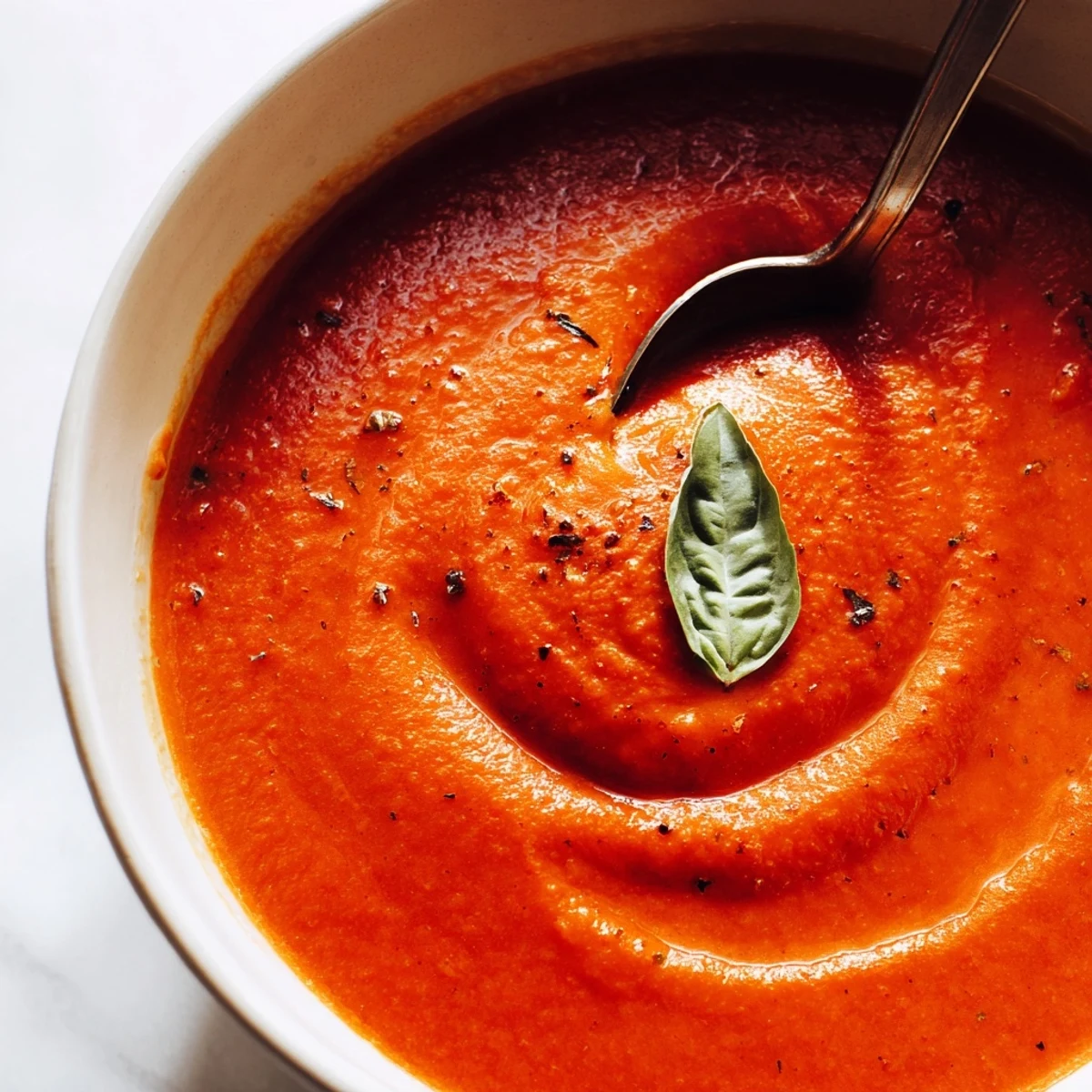 Creamy fire roasted tomato soup topped with fresh basil and a swirl of cream