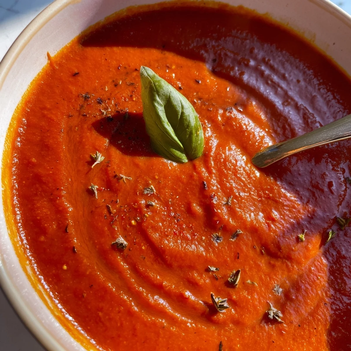 Steaming bowl of fire roasted tomato soup garnished with parsley beside a grilled cheese sandwich