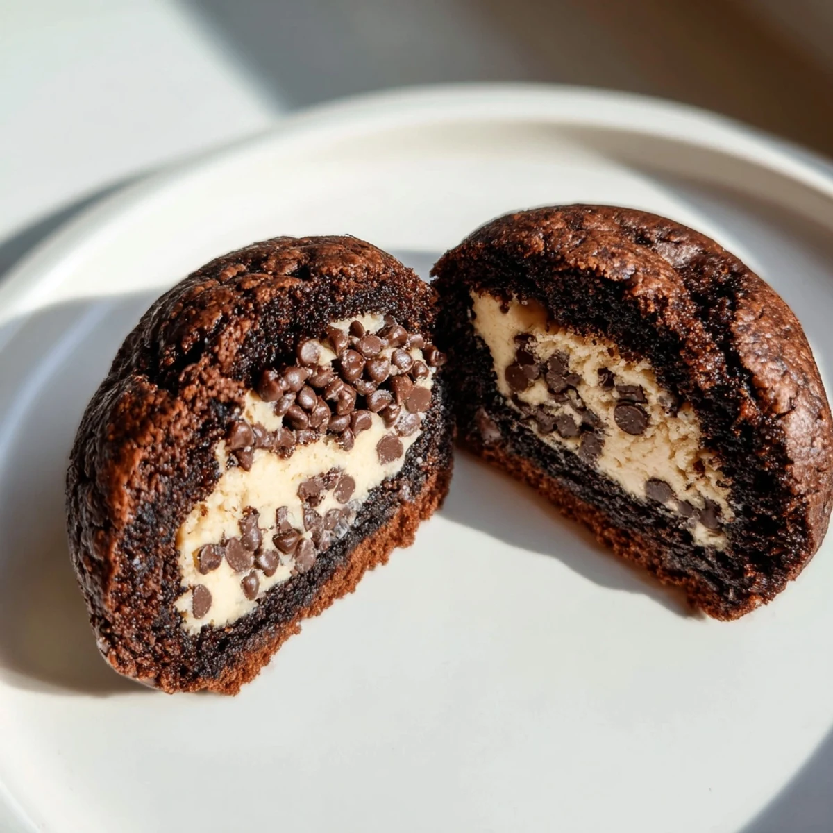 Fudgy brownie cookies stuffed with cookie dough displayed on a rustic wooden serving board