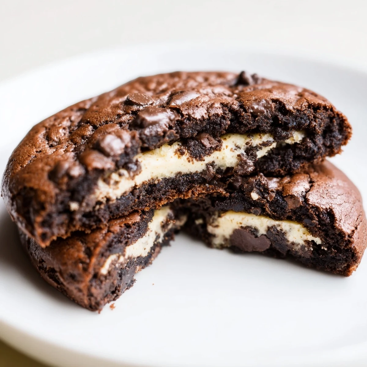 Crackly topped fudgy brownie cookies stuffed with cookie dough broken open to reveal filling