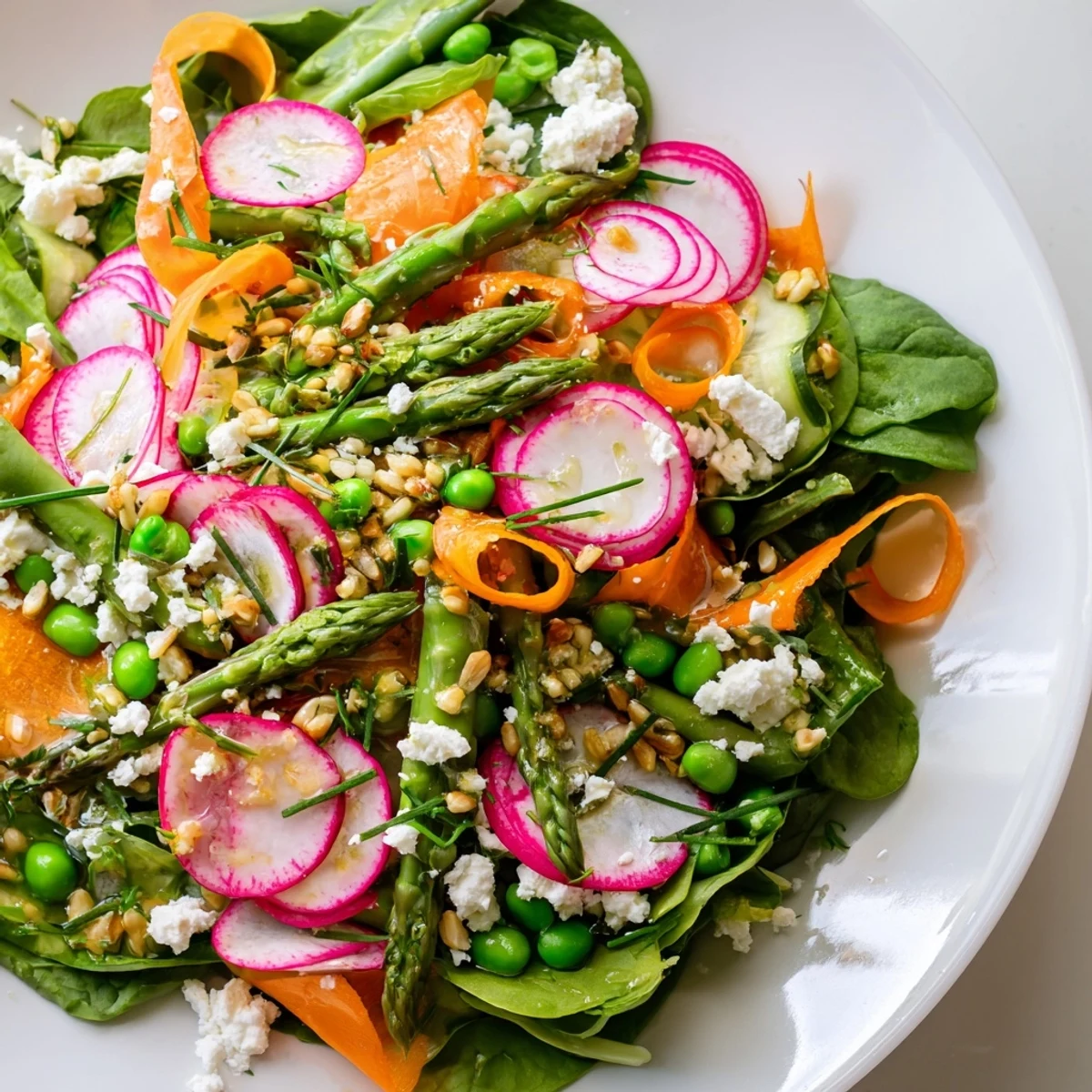 Bright Spring Salad with crisp asparagus, radishes, and feta in a citrus vinaigrette