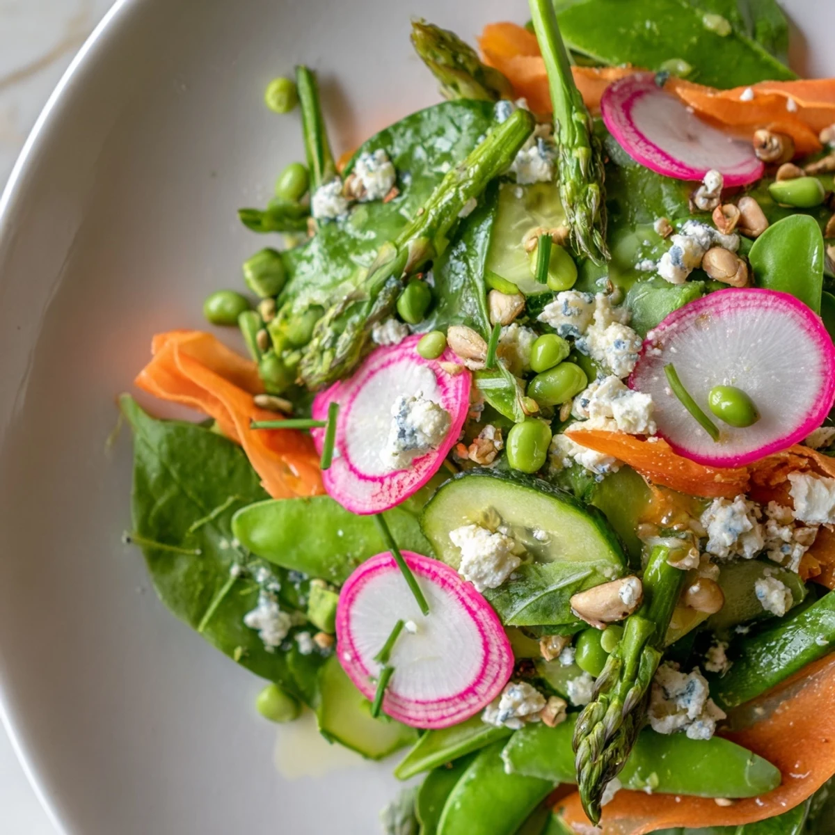 Fresh Bright Spring Salad garnished with crumbled feta and toasted sunflower seeds