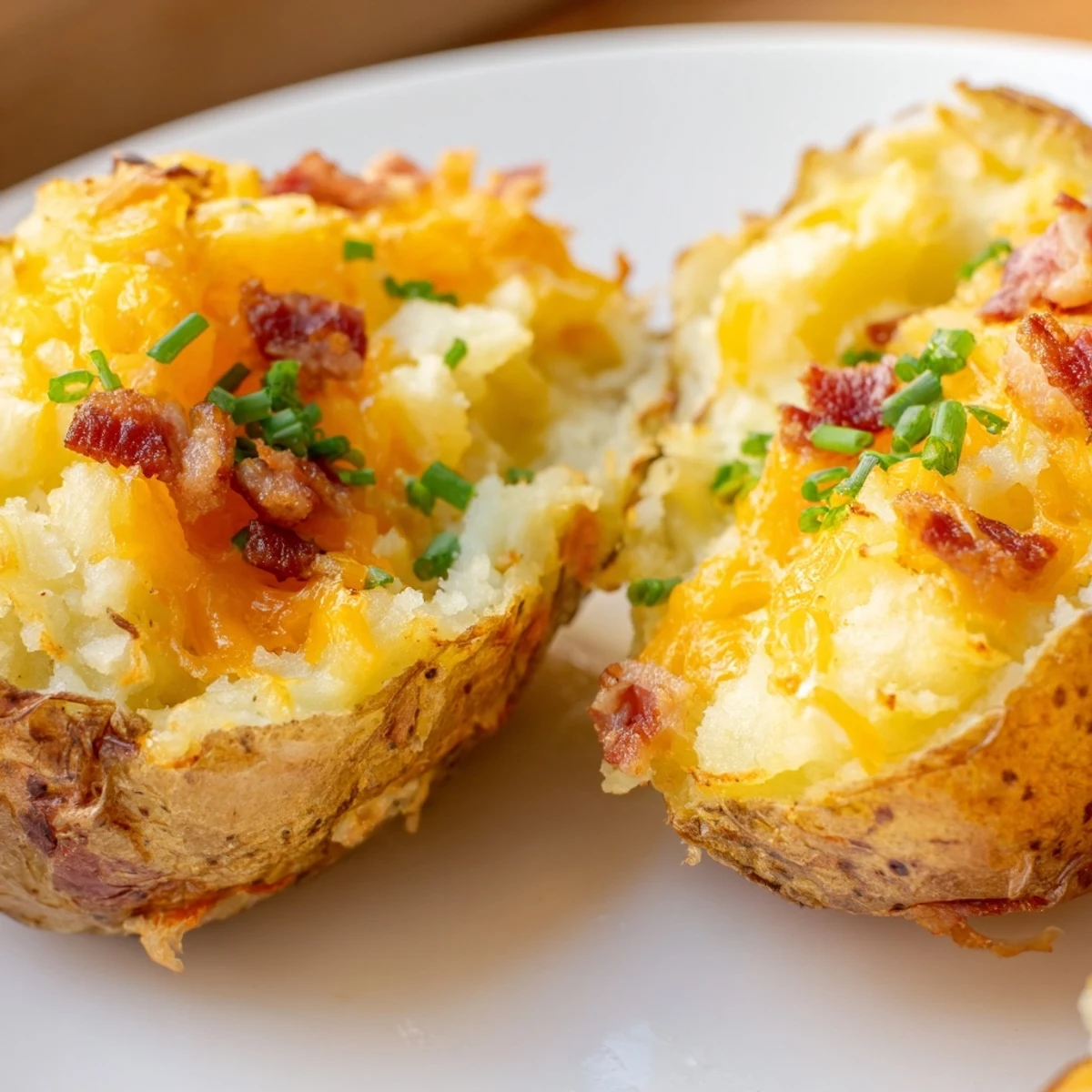 Golden Irish Potato Bites topped with melted cheddar and fresh chives on a rustic serving platter