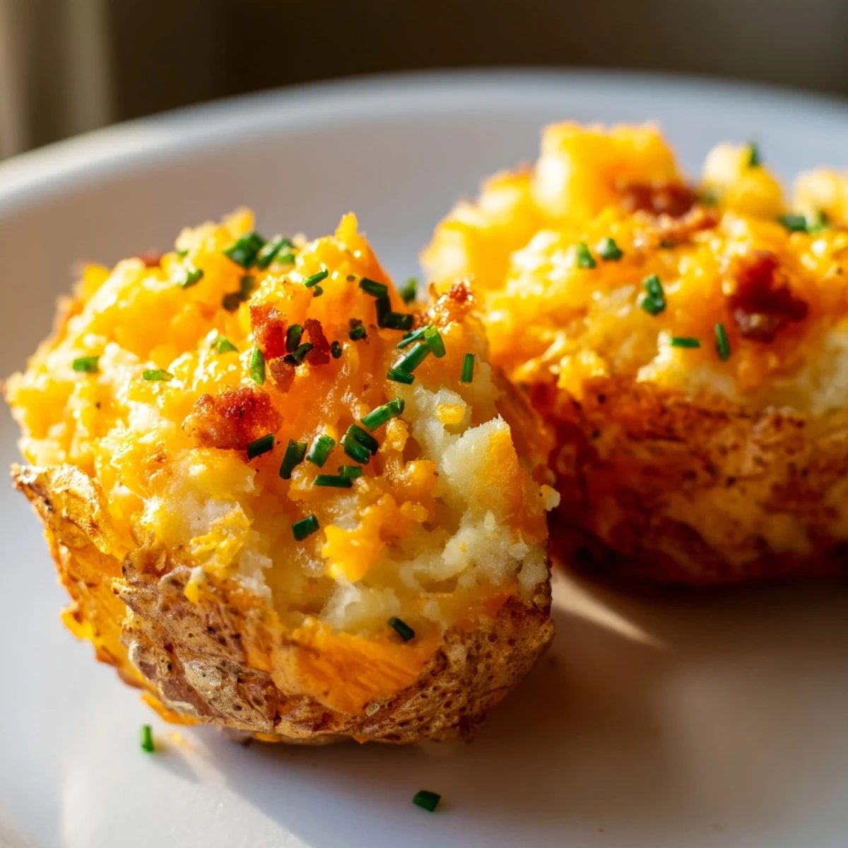 Crispy Irish Potato Bites filled with creamy bacon cheddar mixture arranged on a white ceramic plate