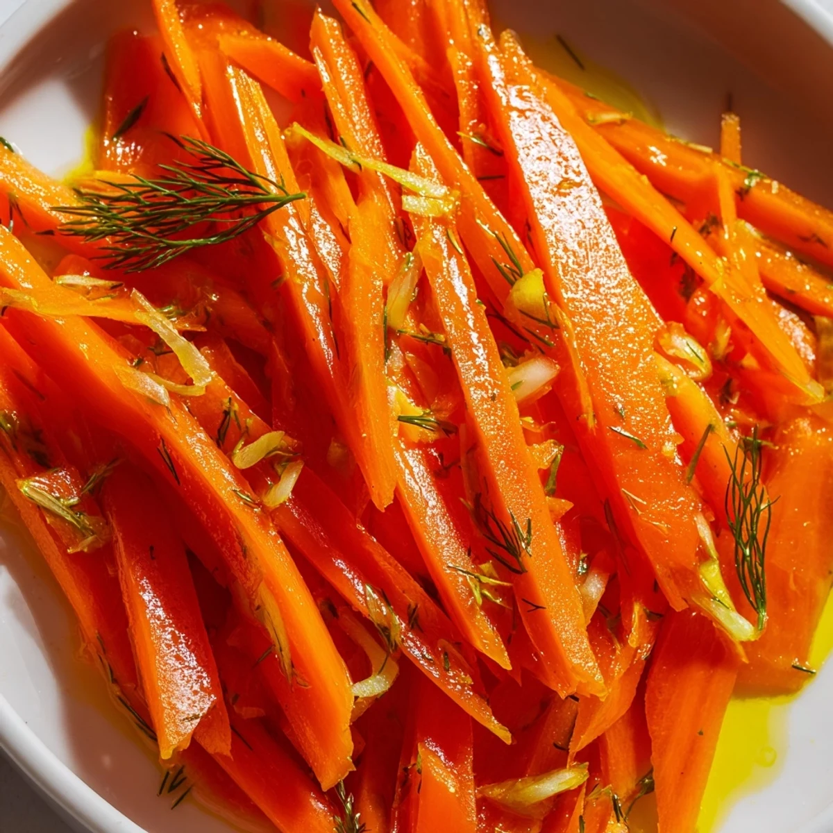 Crisp marinated carrot salad glistening with lemon dill dressing in a white serving bowl
