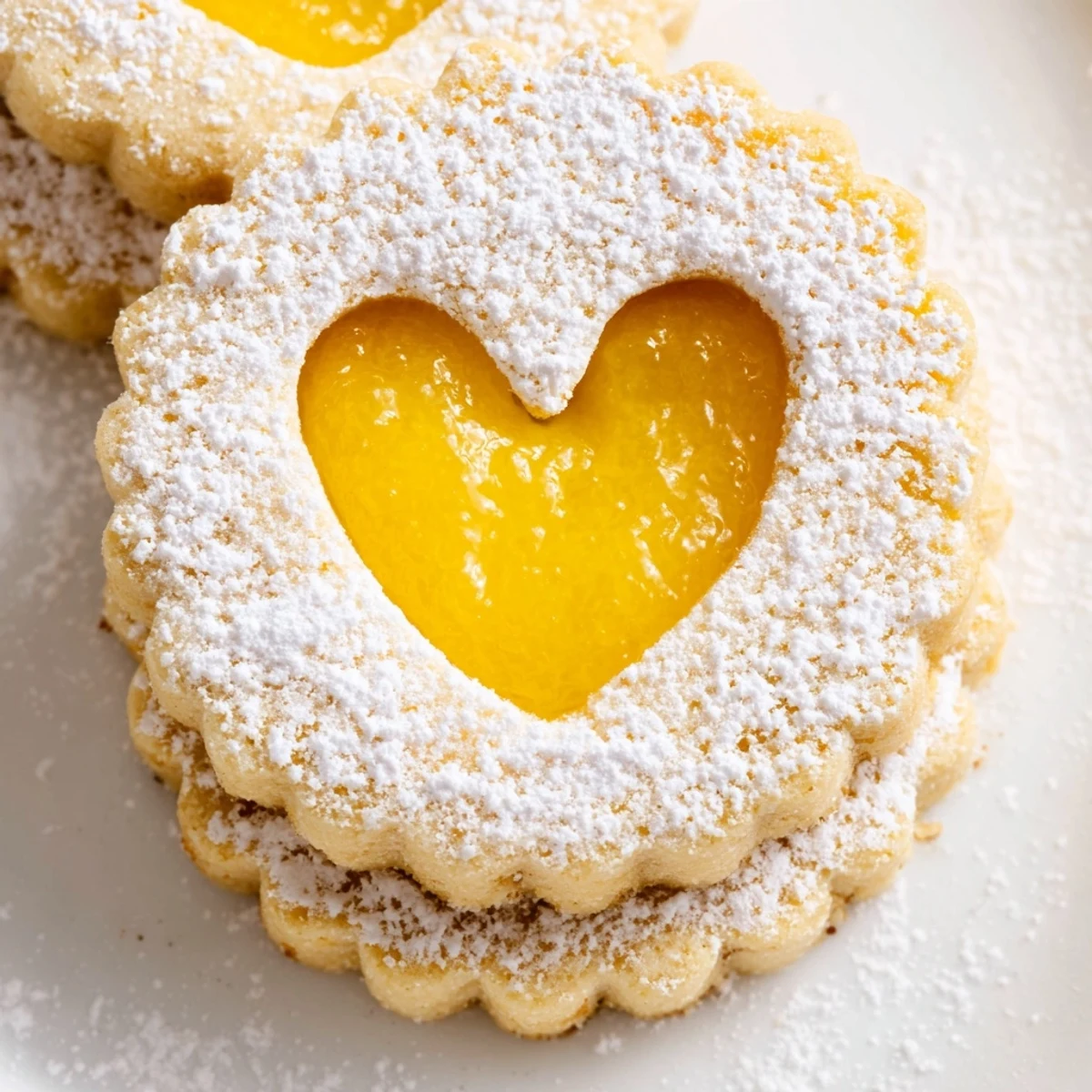 Meyer Lemon Curd Linzer Cookies dusted with powdered sugar reveal bright golden filling through delicate cutout centers.