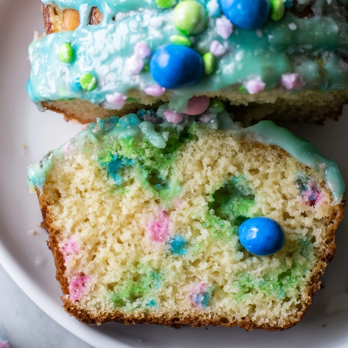 Robin egg snack cake topped with pastel candy eggs and a sweet glazed finish