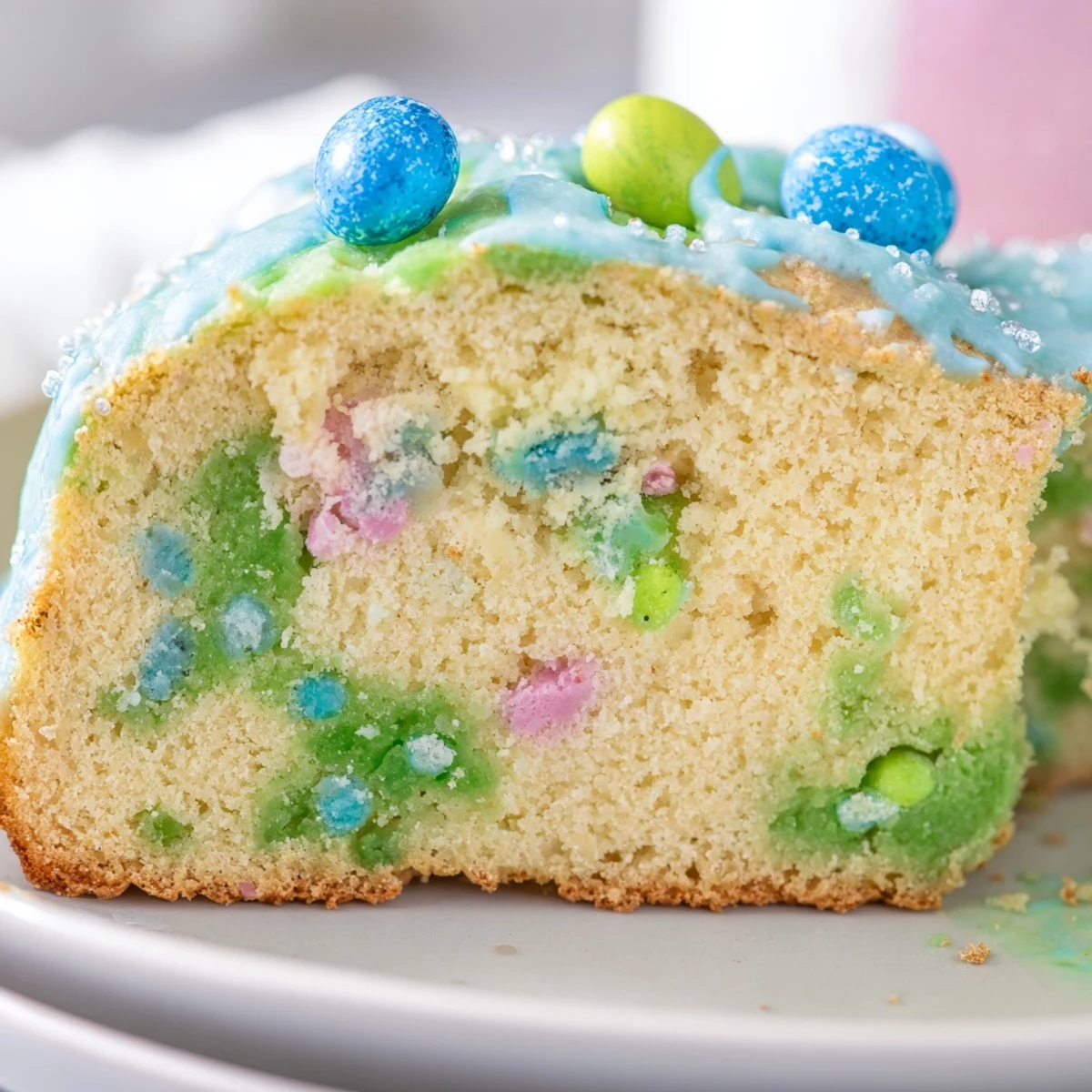 Tender vanilla robin egg snack cake drizzled with swirled pastel icing and malted candies