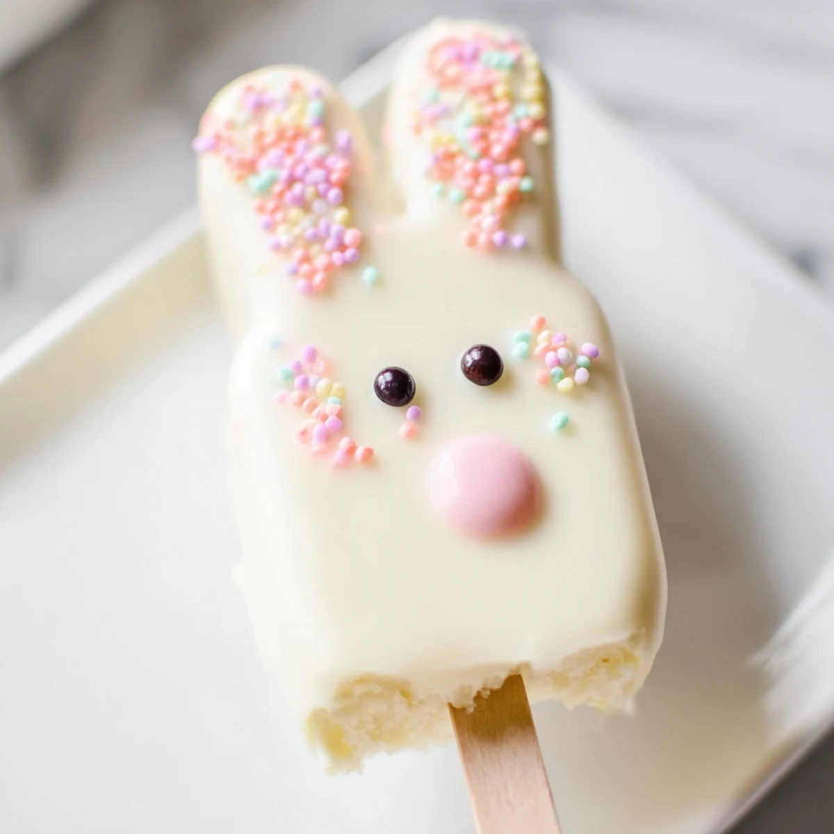Adorable white chocolate bunny cakesicles with candy eyes on a festive Easter dessert tray