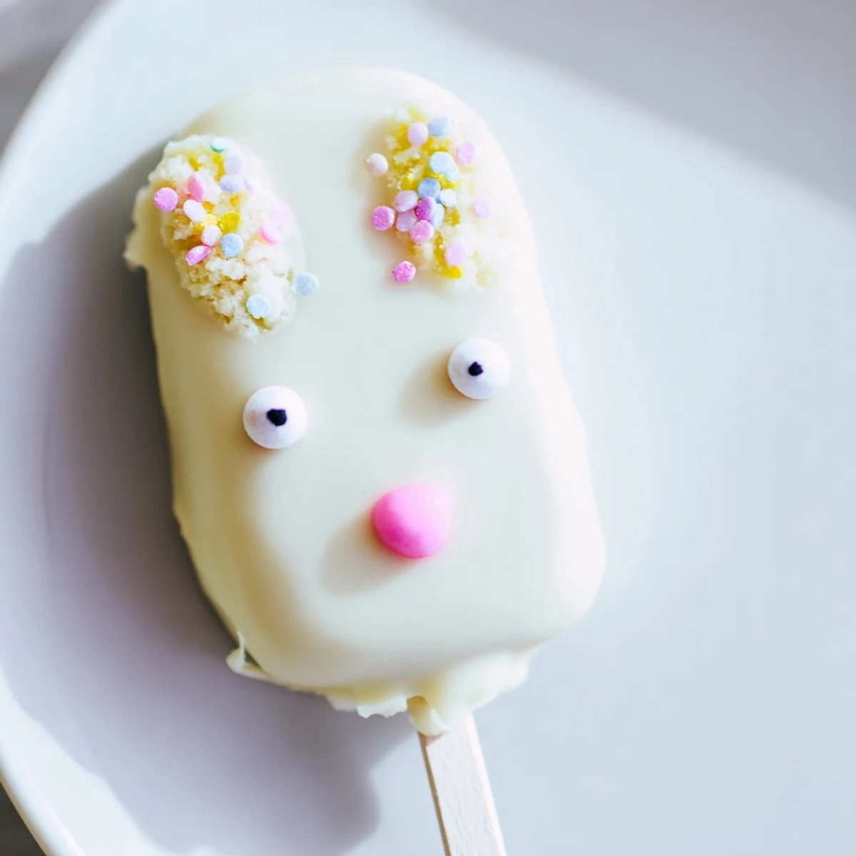 Creamy white chocolate bunny cakesicles decorated with pink ears and colorful sprinkles
