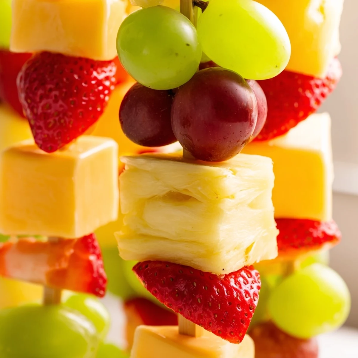 Colorful fruit and cheese kabobs arranged on a white platter with fresh mint garnish
