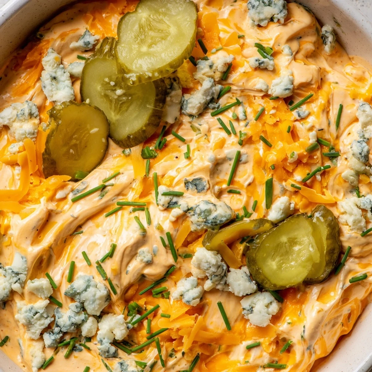 Creamy buffalo pickle dip served in a bowl with crunchy chips for game day snacking