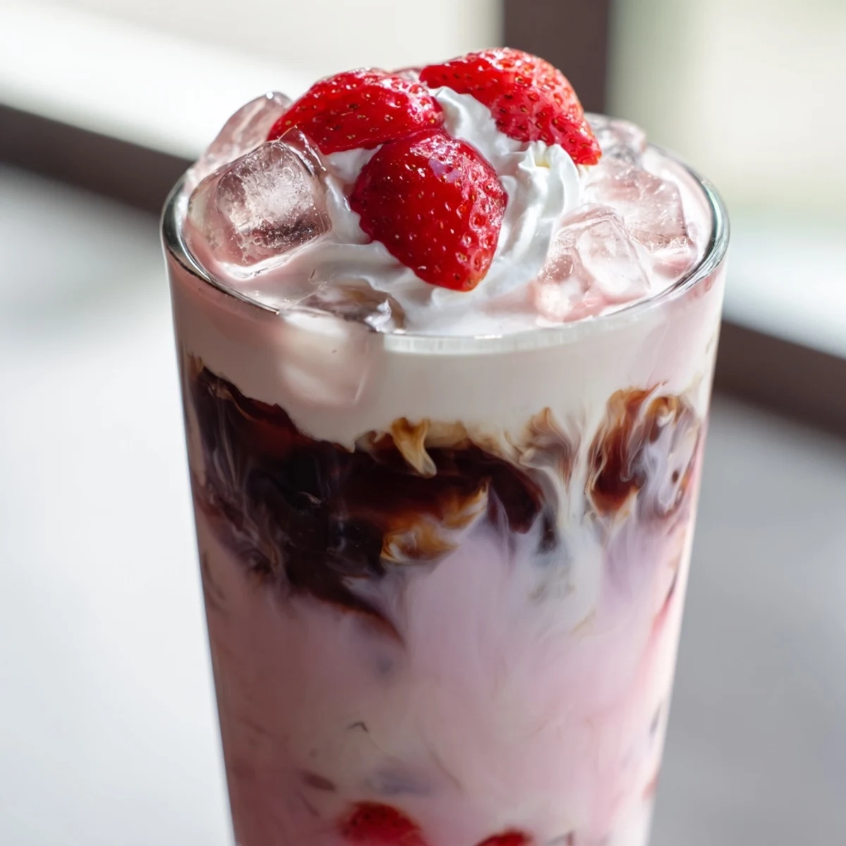 Creamy strawberry cold latte served over ice with swirled espresso layers and fresh berry garnish
