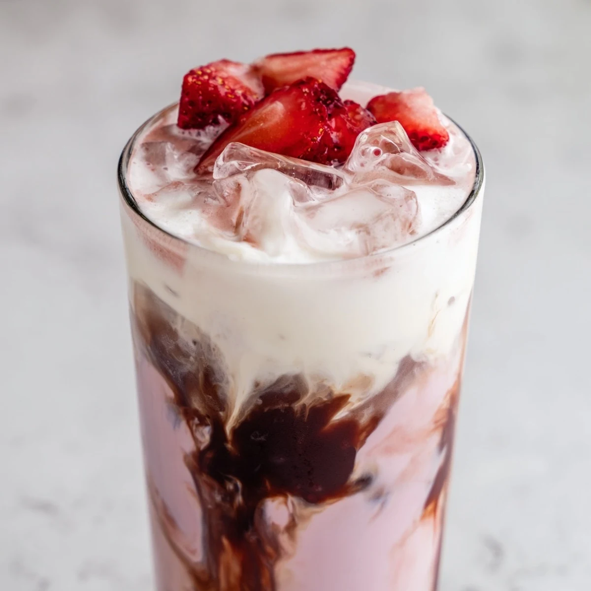 Refreshing strawberry cream cold latte in a tall glass with whipped cream topping and strawberry slices