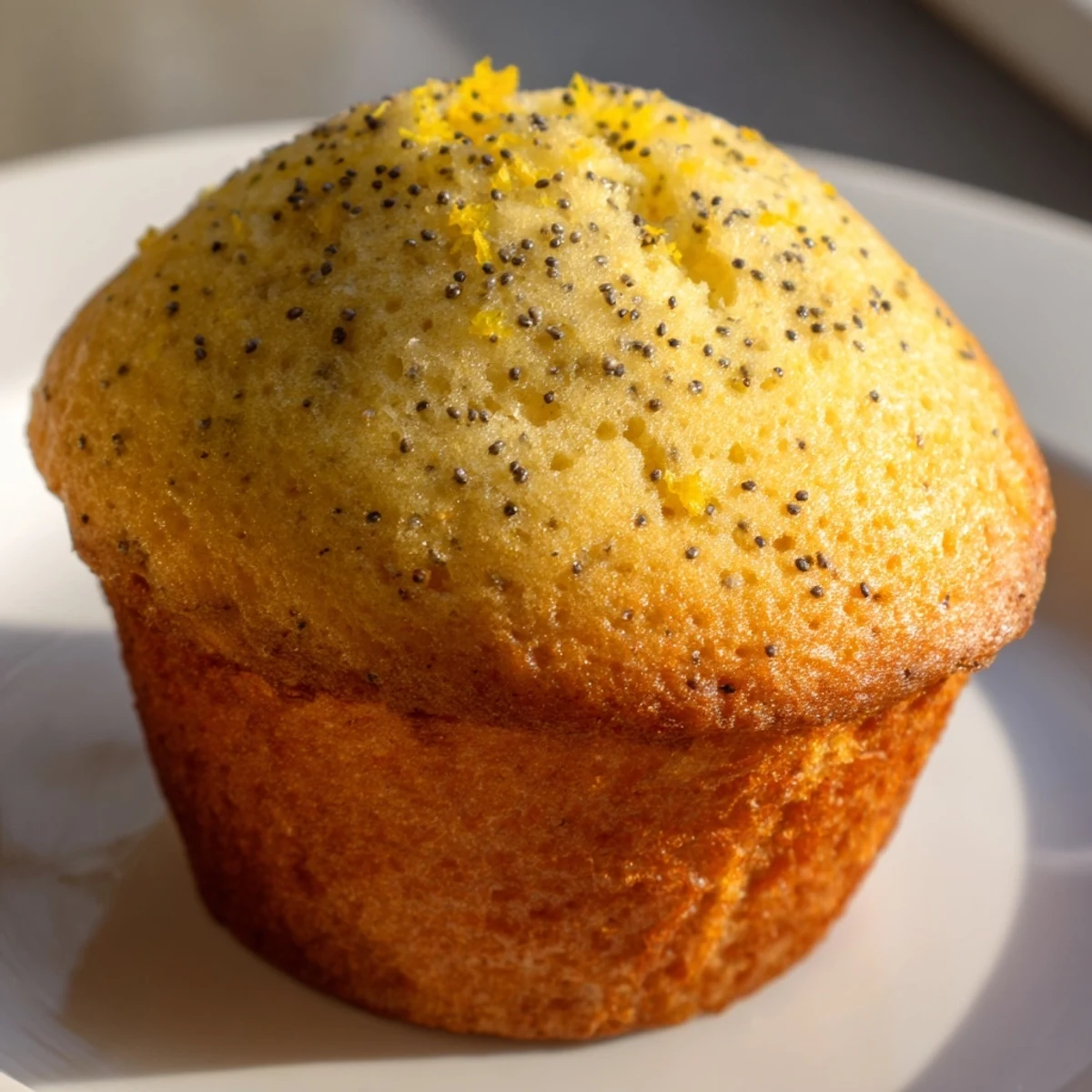 Moist lemon poppy seed muffins speckled with zest on a cooling rack