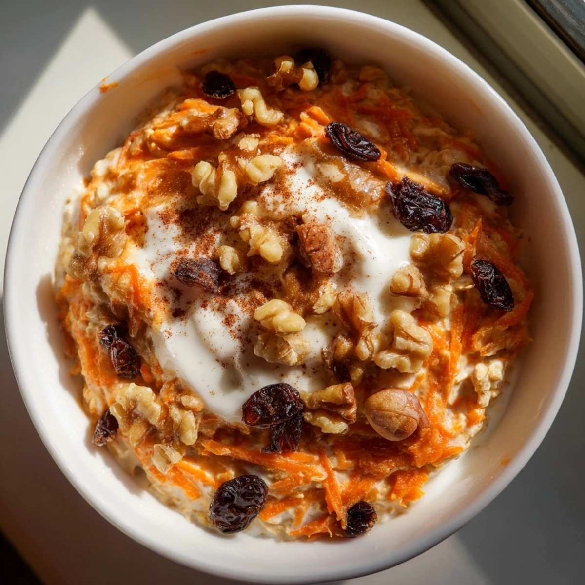 Creamy carrot cake overnight oats in a mason jar topped with crunchy walnuts and a cinnamon sprinkle