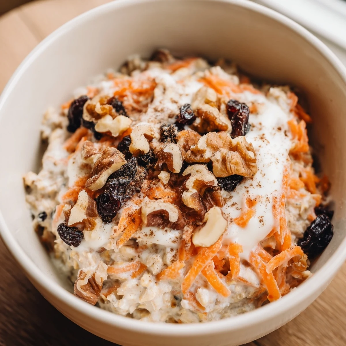 Carrot cake overnight oats with grated carrots, raisins, and a generous dollop of Greek yogurt