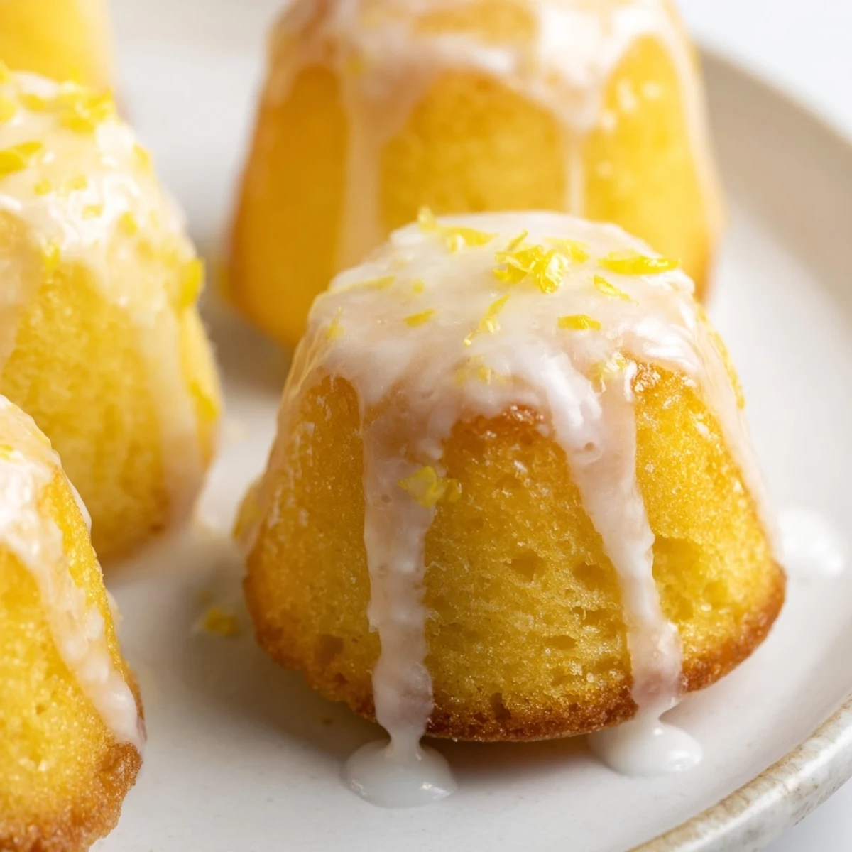 Golden mini lemon cakes drizzled with sweet citrus glaze on a white serving plate