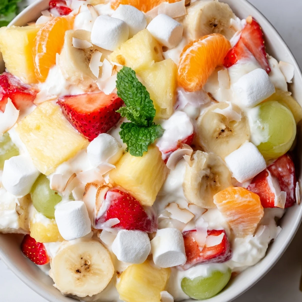 Creamy Hawaiian Cheesecake Salad loaded with fresh pineapple, strawberries, and mandarin oranges