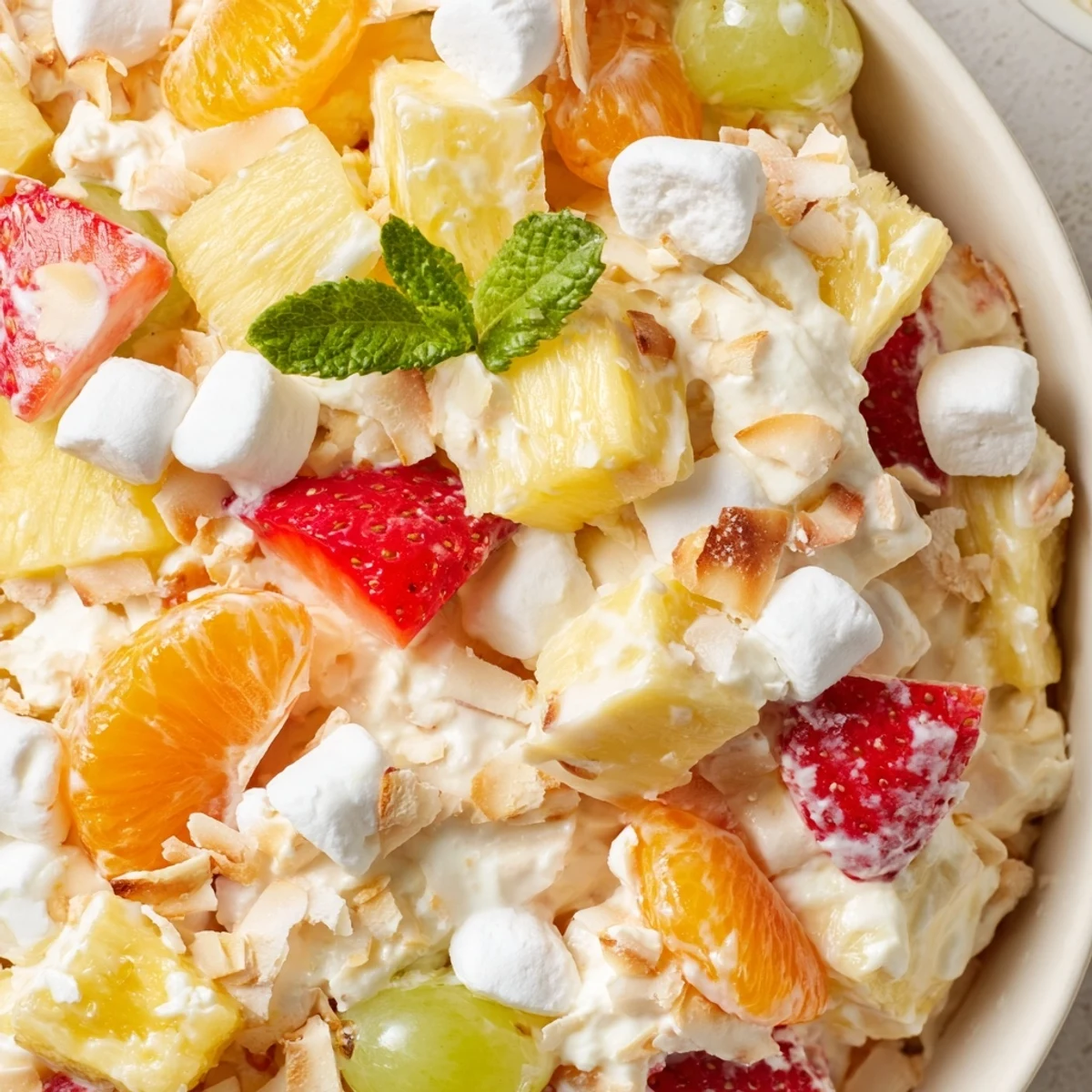 Hawaiian Cheesecake Salad served chilled in a bowl with tropical fruit garnish