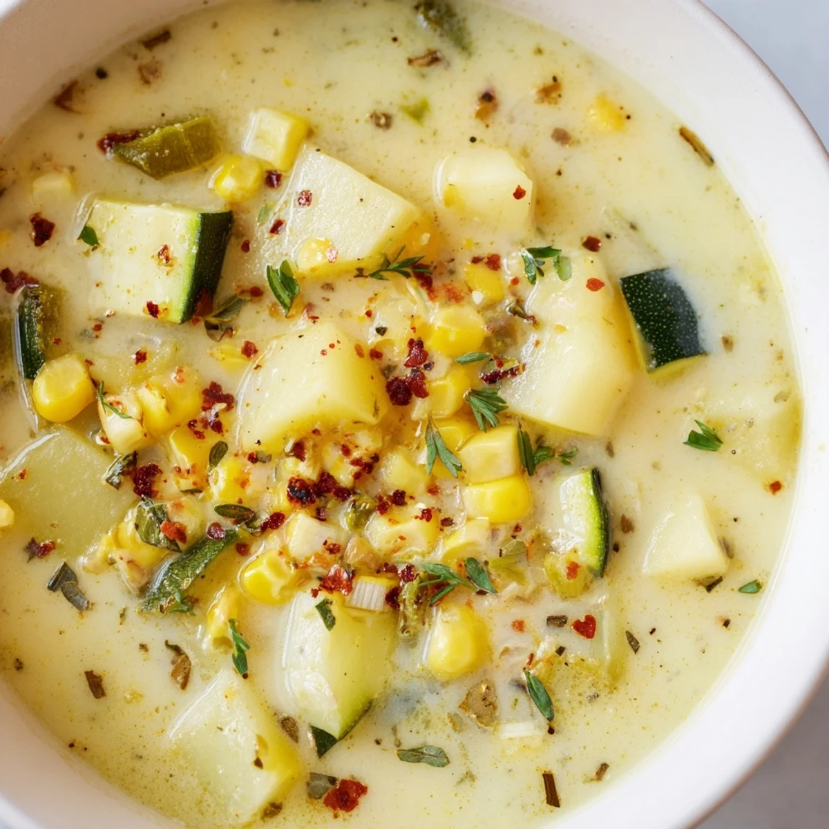 Creamy potato corn zucchini soup in a rustic bowl with fresh parsley garnish